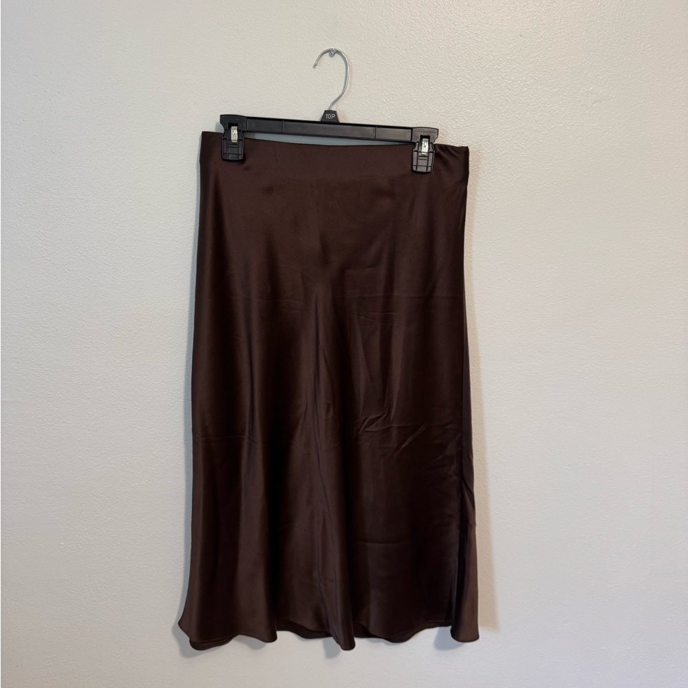 Quince Chocolate Brown Midi Skirt 100% silk